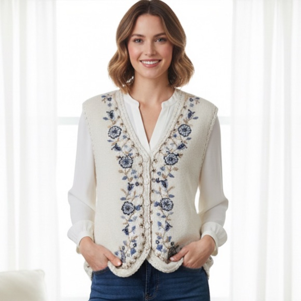 Erika Cream Floral Embroidered Sweater Vest